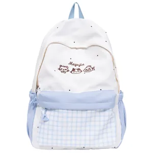 Cute light blue and white plaid backpack with cat embroidery for students and campus use