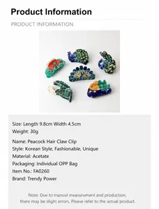 Detailed specifications of peacock-shaped acetic acid hair claws with measurements and features