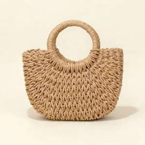 Sac à main rond en paille tissée à la main pour enfants avec poignée circulaire unique