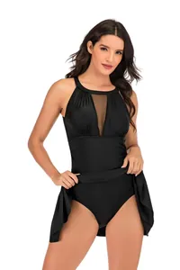 Elegant black one-piece skirt swimsuit featuring a mesh neckline and tummy control.