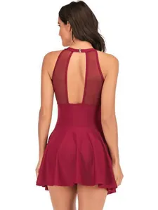 Elegant burgundy mesh one-piece swimdress with stylish back keyhole design and skirt hem