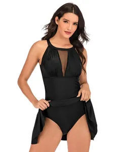 Elegant black one-piece skirt swimsuit with mesh panel and halter neckline design