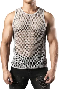 Detailansicht eines weißen Netz-Tanktops für Herren mit Rundhalsausschnitt