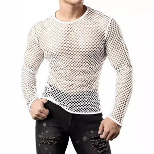 Close-up of men's white long sleeve hollow mesh shirt for breathable summer wear.