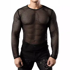 Detail view of men's breathable black mesh long-sleeve t-shirt for trendy streetwear style