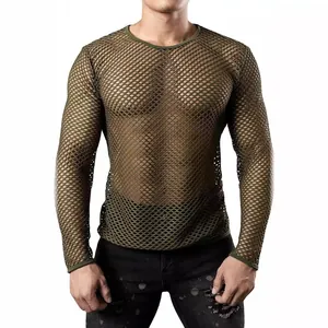 Detail view of men's olive green long sleeve mesh knit shirt with breathable texture.