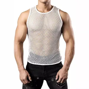 Stylisches weißes Herren-Strick-Unterhemd mit Netzmuster und Rundhalsausschnitt
