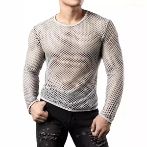 Close-up detail of male summer mesh knit top featuring a breathable hollow-out design