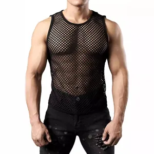 Stilvolles schwarzes hohles Mesh-Tanktop für Herren mit Rundhalsausschnitt für den Sommer