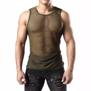 Trendiges Herren Netz-Tanktop in Olivgrün mit einem durchbrochenem Strickmuster