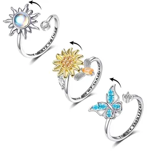 Set of three spinner rings with sun sunflower and butterfly designs for anxiety relief