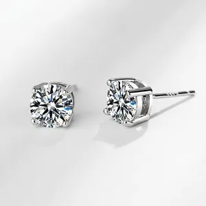 925 Sterling Silver Minimalist Rhinestone Stud Earrings Simple Round Four Prong Inlaid Earrings Fashion Women Jewelry