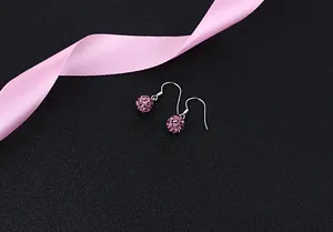 Elegant pink shamballa crystal ball drop earrings with S925 sterling silver hooks