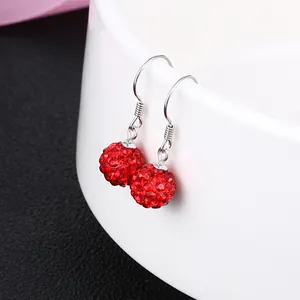 Red sparkling Shamballa crystal ball drop earrings with S925 silver hooks jewelry