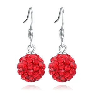 Red crystal ball Shamballa earrings with S925 silver ear hooks for women