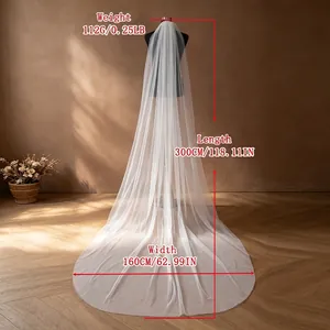 Detailed product shot of a 300cm long white single-layer wedding veil with size data