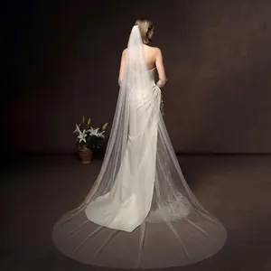 Detailed back view of a long single-layer white bridal veil with a wide cathedral train