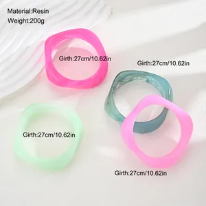 Detailed view of four irregular colorful resin bangles with material and girth parameters
