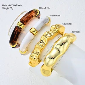 Detailed view of irregular acrylic and CCB bracelet set with size measurements included.
