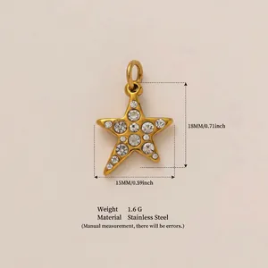 Gold-plated stainless steel star charm with clear rhinestones, 18mm size variant