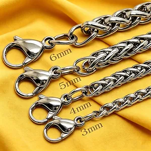 Detailed view of stainless steel wheat chains in 3mm to 6mm widths for jewelry making.