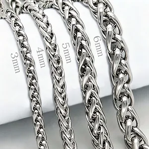 Detailed macro view of silver stainless steel wheat chains available in 3mm to 6mm widths