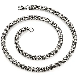 Detailed close-up of a masculine stainless steel wheat chain necklace with a durable lobster clasp