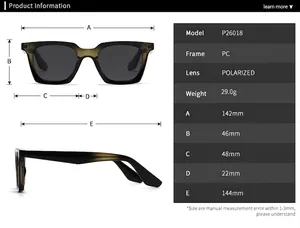 Detail view of square polarized sunglasses with precise dimension specifications