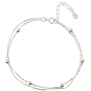 Prachtige dubbellaagse sterling zilveren armband met slangenketting en kralen details