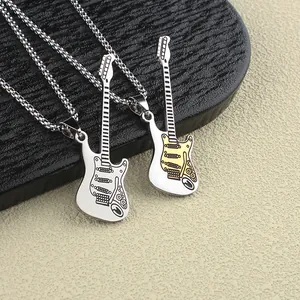 Macro view of stainless steel electric guitar pendants with intricate fretboard details