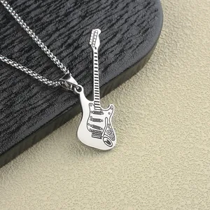 High quality silver stainless steel electric guitar pendant necklace for men hip hop jewelry