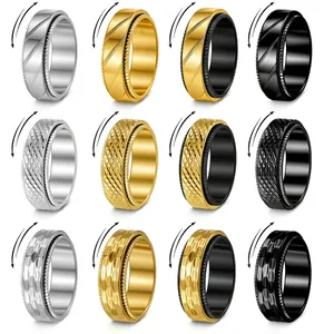 304 Stainless Steel Spinner Ring For Men Women Industrial Punk Mesh Hammered Diagonal Stripe Anxiety Relief Fidget Rotating Ring Jewelry