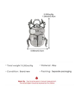 Detailed view of silver beetle ring with dimensions: 3.4cm height and alloy specs