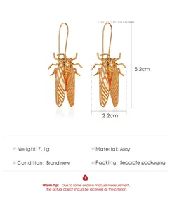 Detailed specifications for golden insect beetle earrings including size and weight.