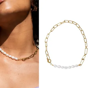 Close-up of 18k gold plated paperclip chain necklace with natural freshwater pearls.