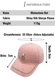 Detailed size guide for the pink plush baseball cap with rhinestone bear decoration