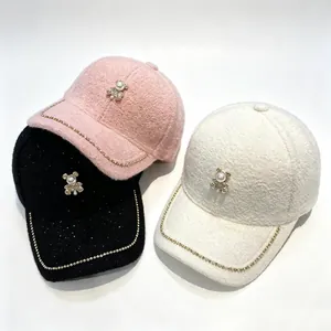 Women Winter Plush Baseball Cap With Rhinestone Pearl Teddy Bear Decor Elegant Faux Fur Warm Adjustable Snapback Hat Fashion Outdoor Sun Hat