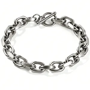 Polished stainless steel chunky link bracelet with OT toggle clasp for men and women