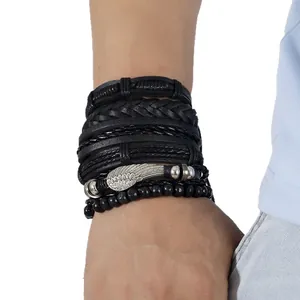 Vintage multilayer braided leather bracelet set for men with silver wing charm decoration