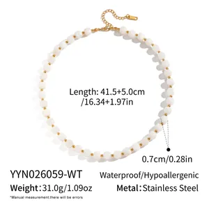 Detail of natural stone bead necklace with gold stainless steel chain and size info.