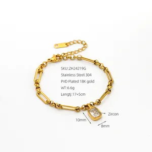 Gold-plated stainless steel chain bracelet featuring a rectangular clear zircon charm