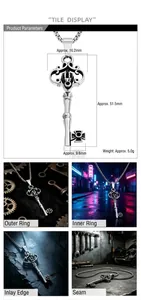 Collier pendentif clé couronne gothique en acier titane avec dimensions et scènes
