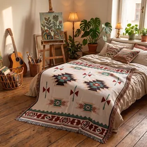 Couverture tissée bohème avec franges sur un lit dans une chambre d'artiste chaleureuse