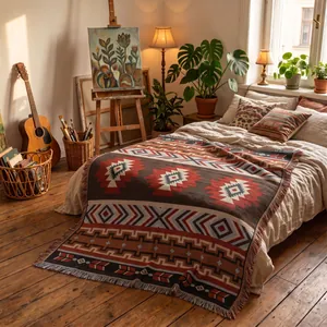Couverture tissée bohème avec motif tribal géométrique sur un lit décoré artistiquement.