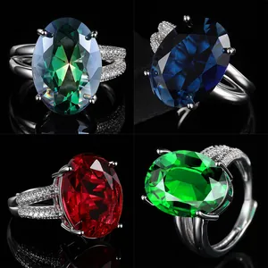 Luxe Koperen Zirkonia Kruis Open Ring Voor Vrouwen Grote Ovale Slijpvorm Kleurrijke Rode Blauwe Groene Edelsteen Ring Sieraden