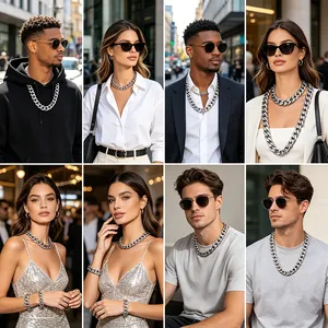 Professional showcase of unisex chunky titanium steel Cuban link necklaces in urban settings.