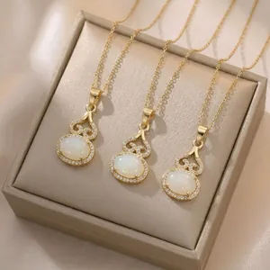 Vintage Gold Plated Stainless Steel Gourd Pendant Necklace With White Imitation Jade Zirconia Women Elegant Jewelry Gift