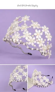 Detail shot of a handmade French floral headband with pearls for weddings