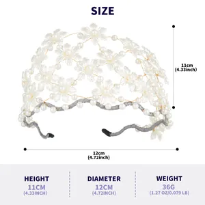 Close-up detail showing dimensions and weight of the handmade white pearl floral headband.