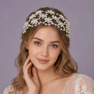 Handmade Flower Artificial Pearl Bridal Headband French Retro Wedding Hair Accessories White Floral Tiara For Women Party Jewelry